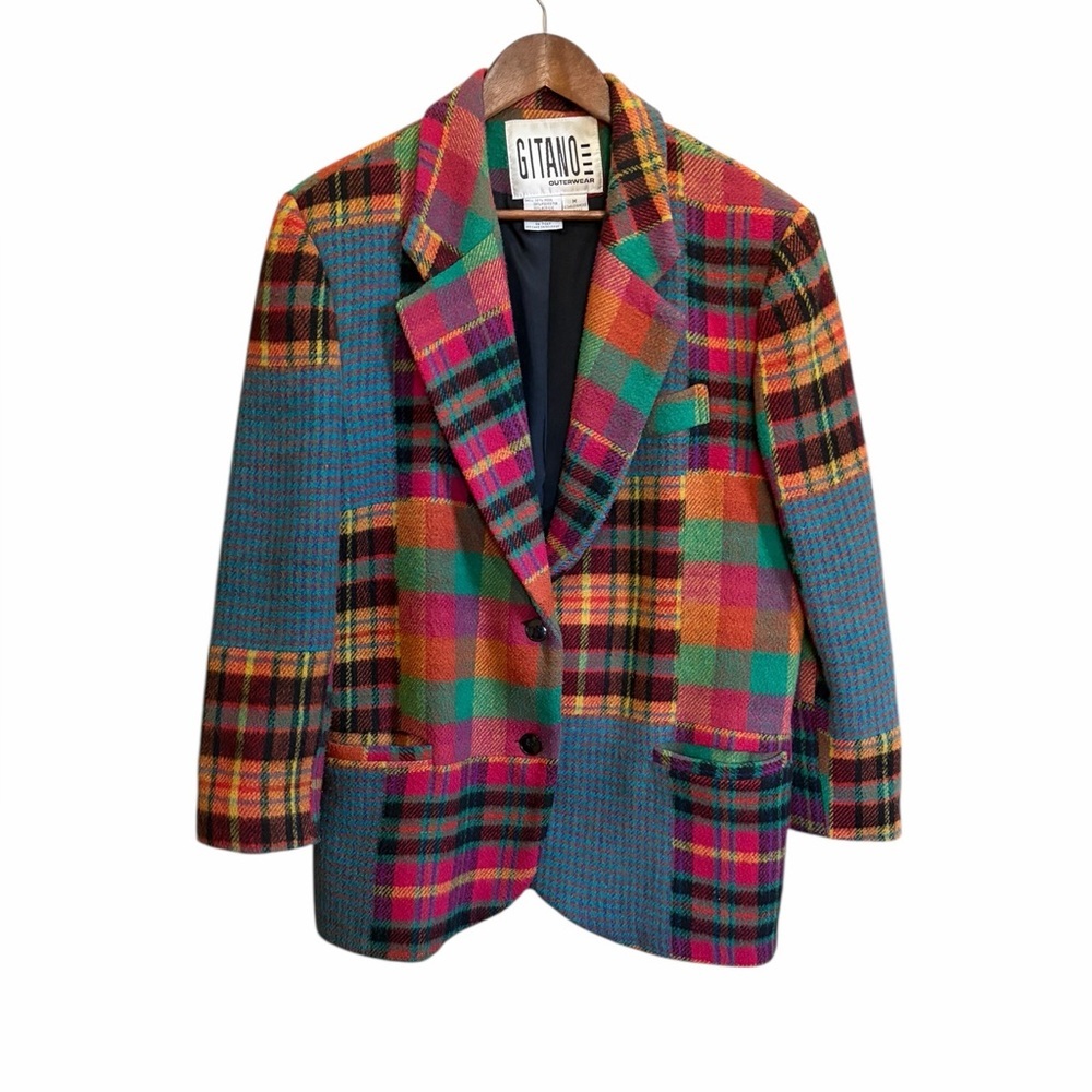 Vintage Gitano Vibrant Patchwork Plaid Wool Blend Blazer - Picture 2 of 7